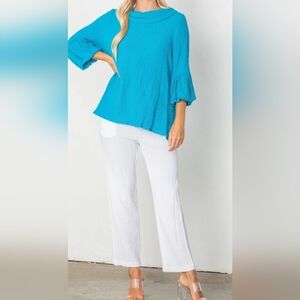 IC COLLECTION BY CONNIE Lime Blue Ruffle Sleeves Cowl Neck Tunic Top SZ XXL/2X